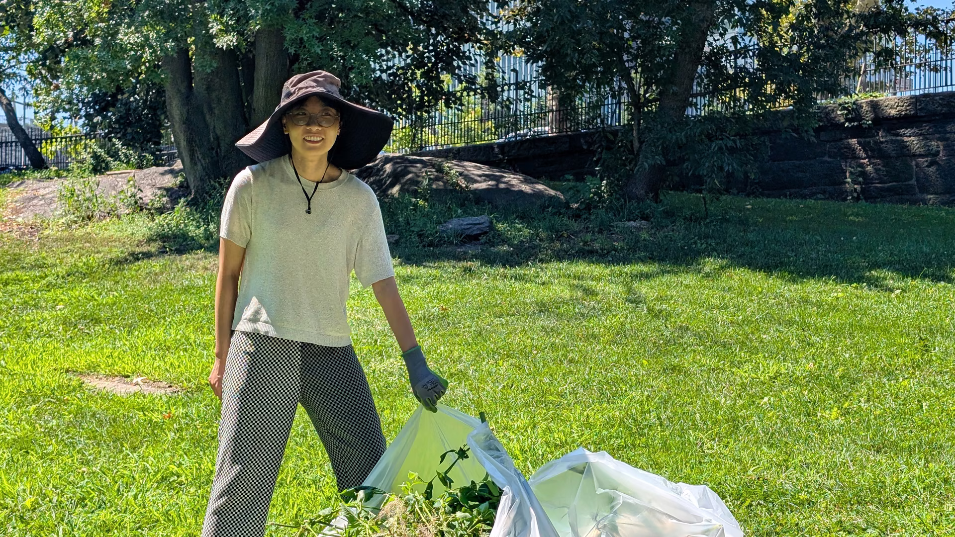 Bagging the pulled weeds beside the mound