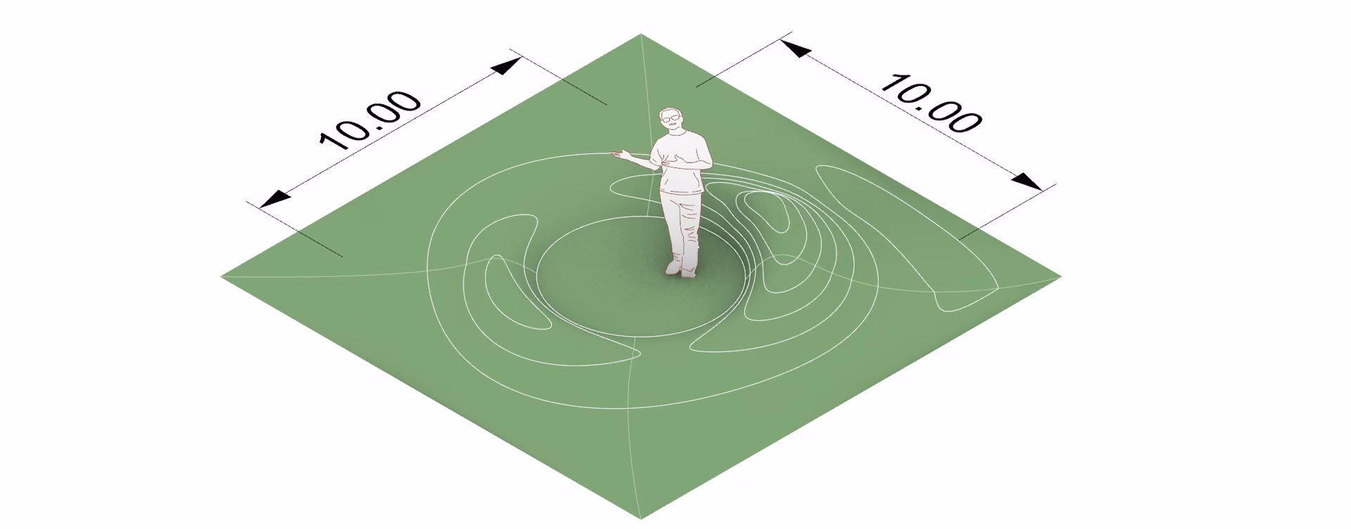 Axonometric diagram of a ten-by-ten foot spiral cut into a lawn