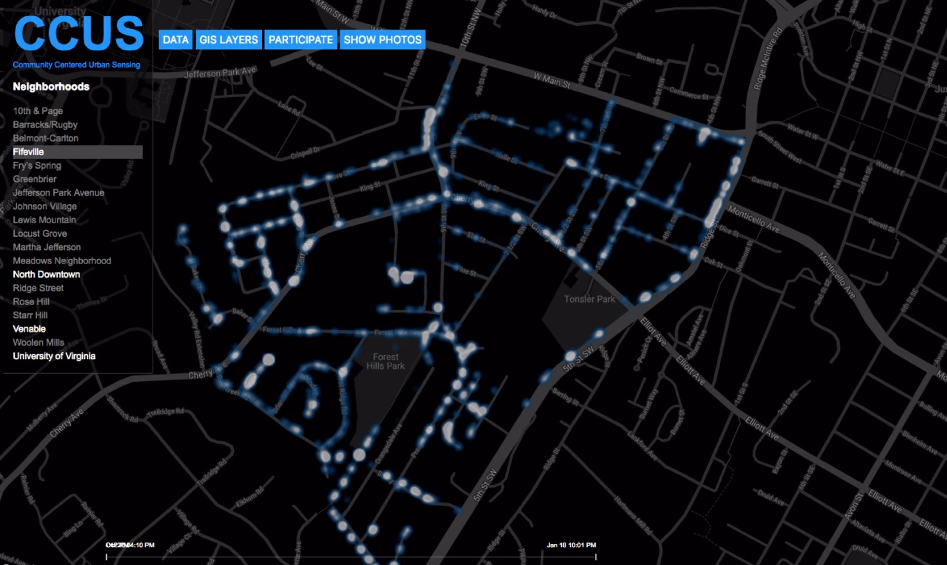 Community Centered Urban Sensing platform: aggregated tracks by neighborhood