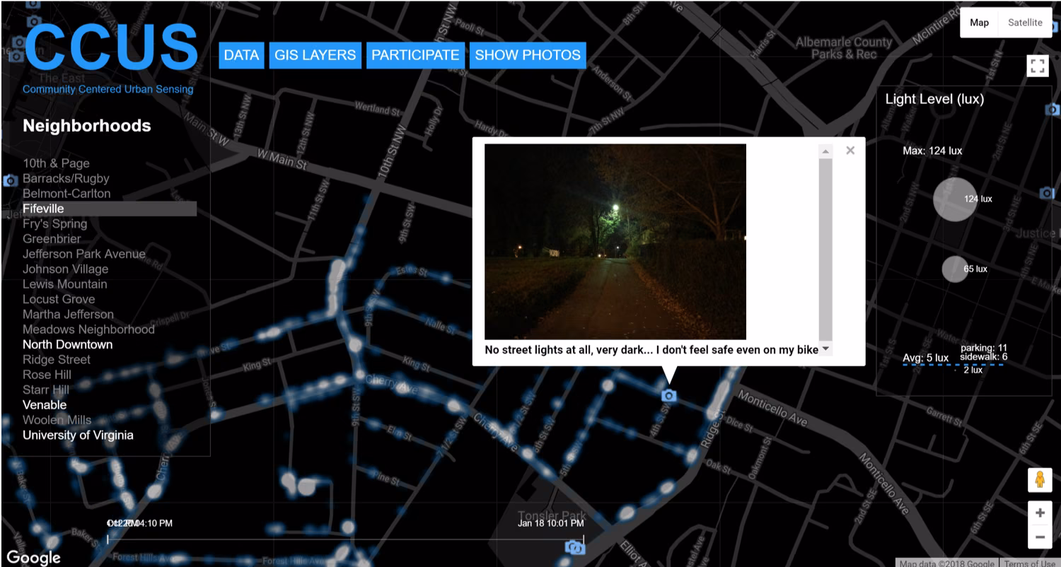 Platform view: a geotagged photograph and comment beside light-level readings