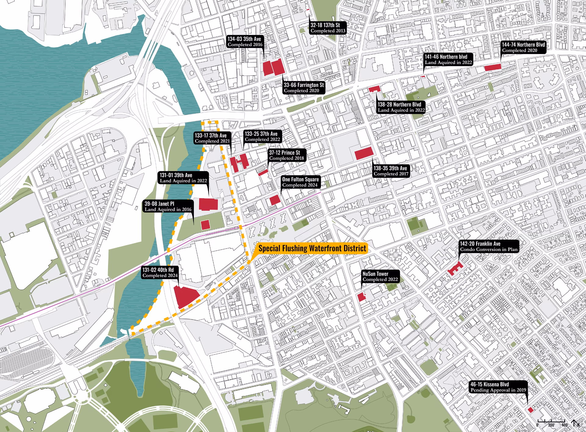 Map of new developments in Flushing since 2013, with the Special Flushing Waterfront District