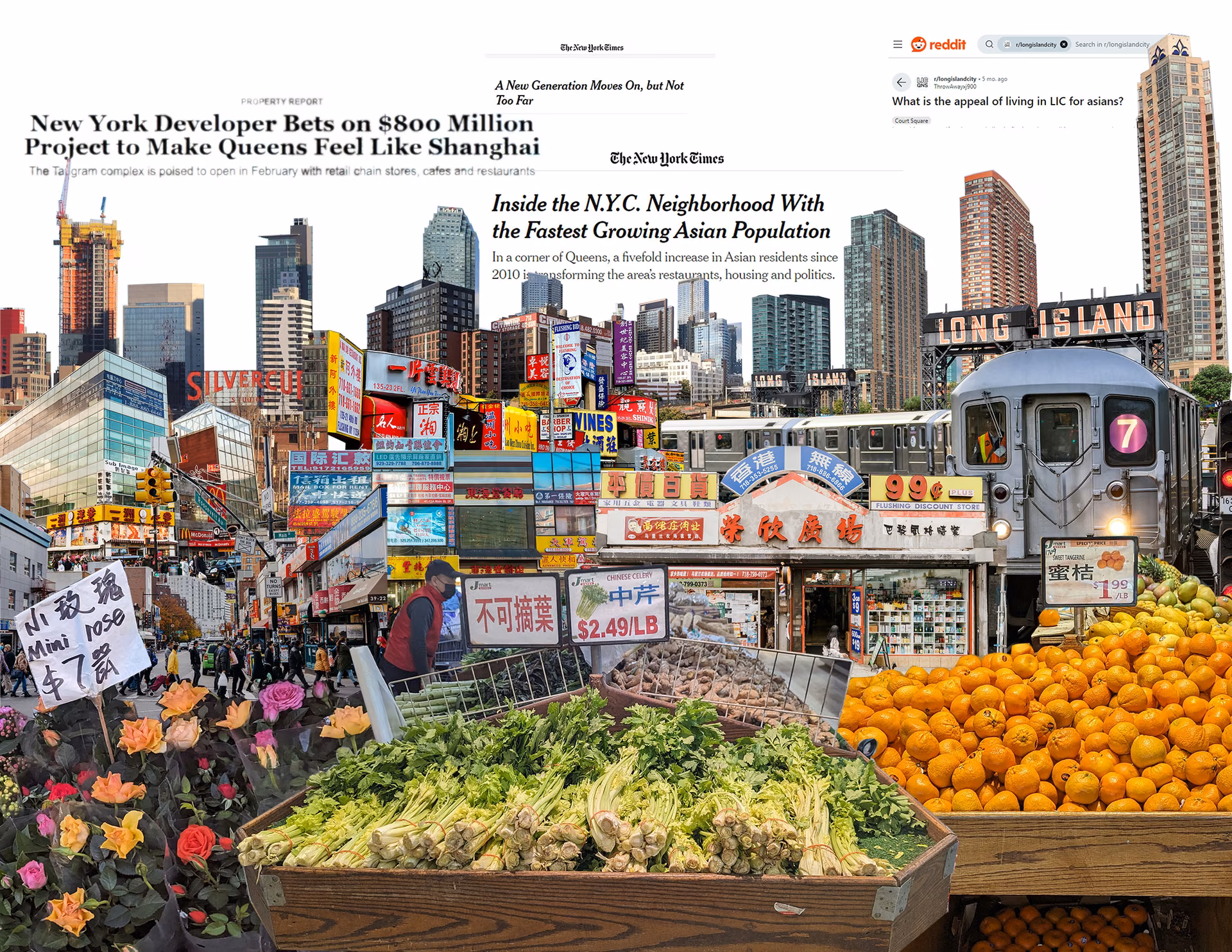 Collage of Flushing and Long Island City: a Main Street produce stand, the No. 7 train, the LIC skyline and press headlines