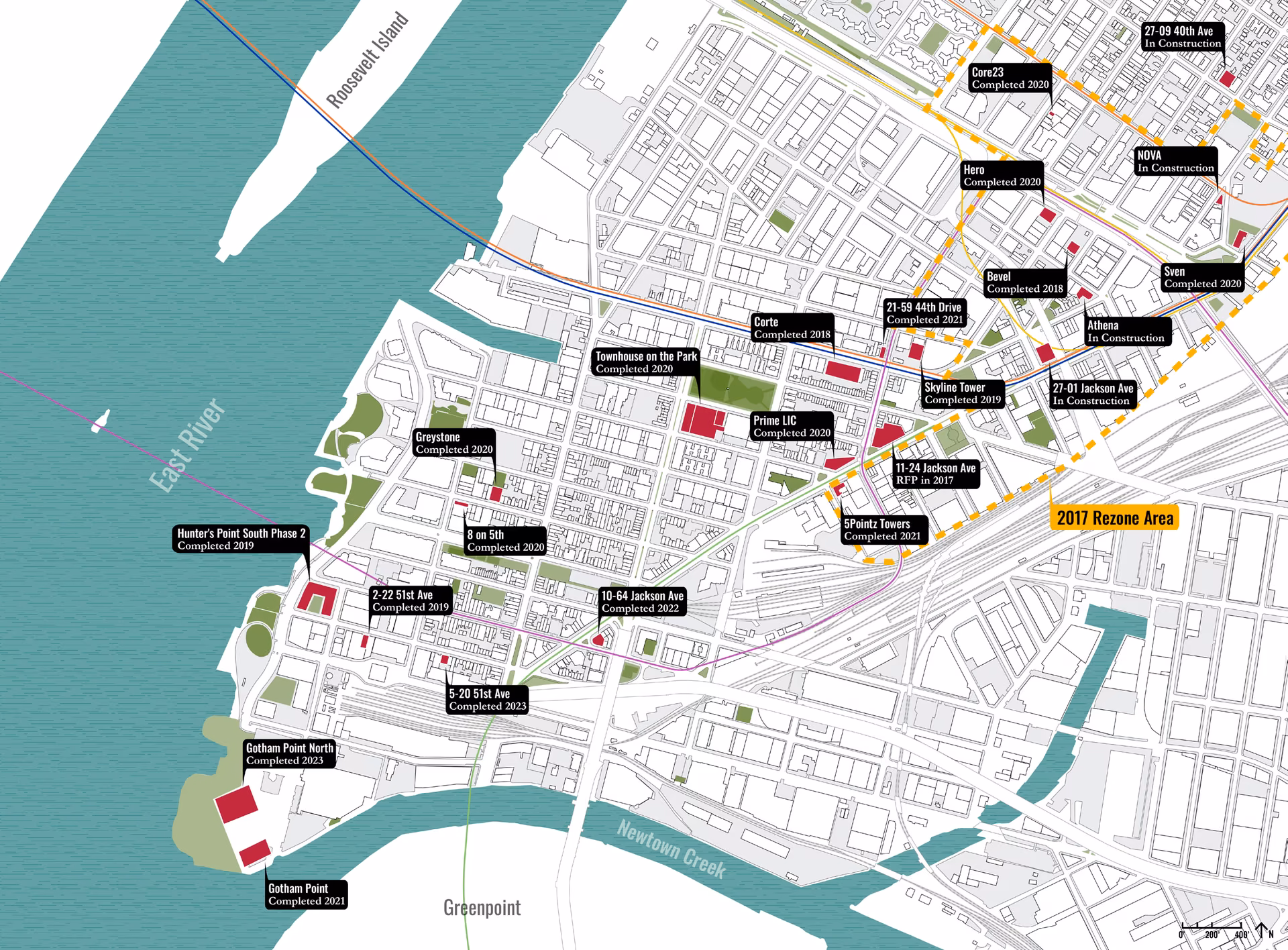 Map of residential buildings completed or in progress in Long Island City since 2017, with the 2017 rezoning area