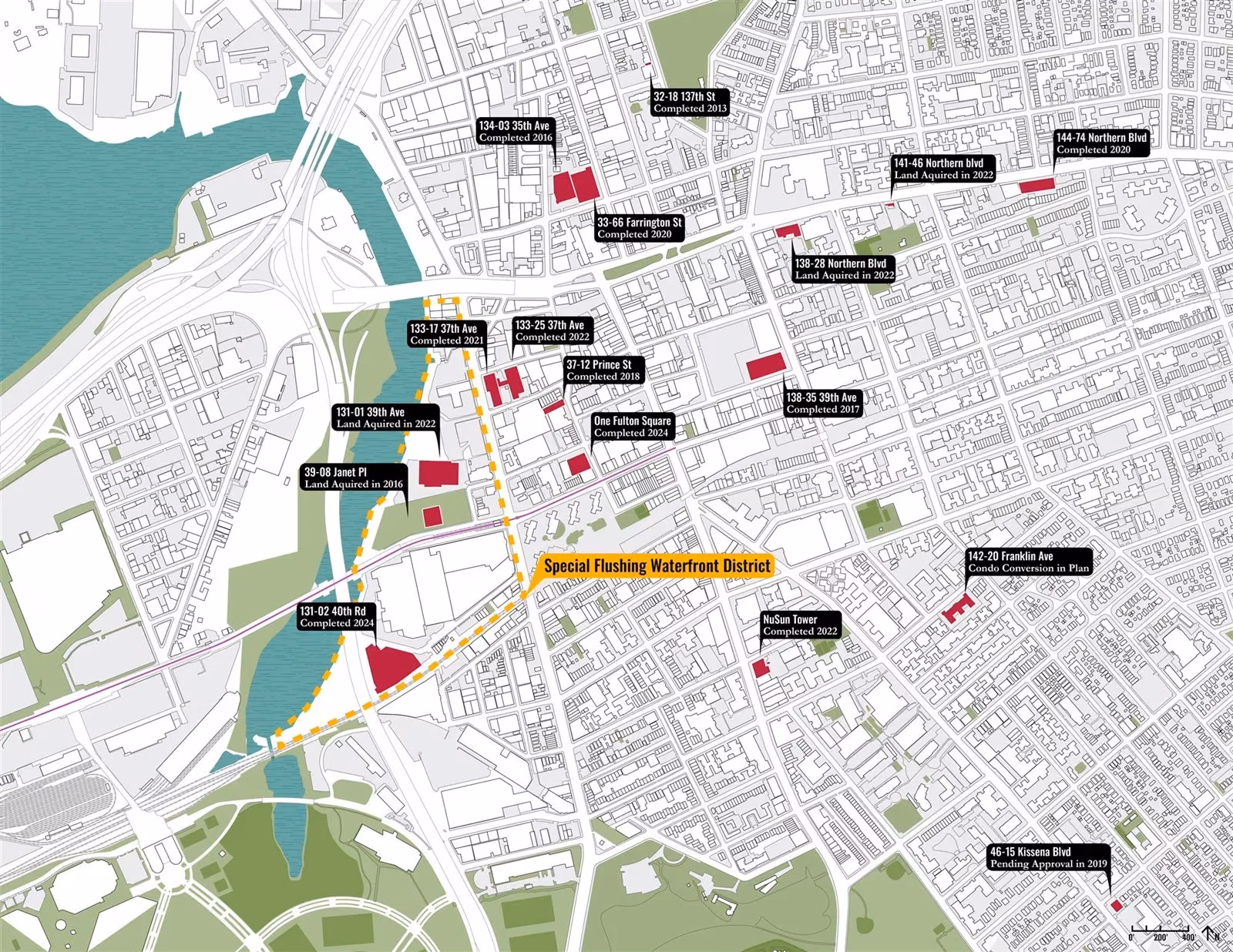 Map of recent development parcels and the Special Flushing Waterfront District
