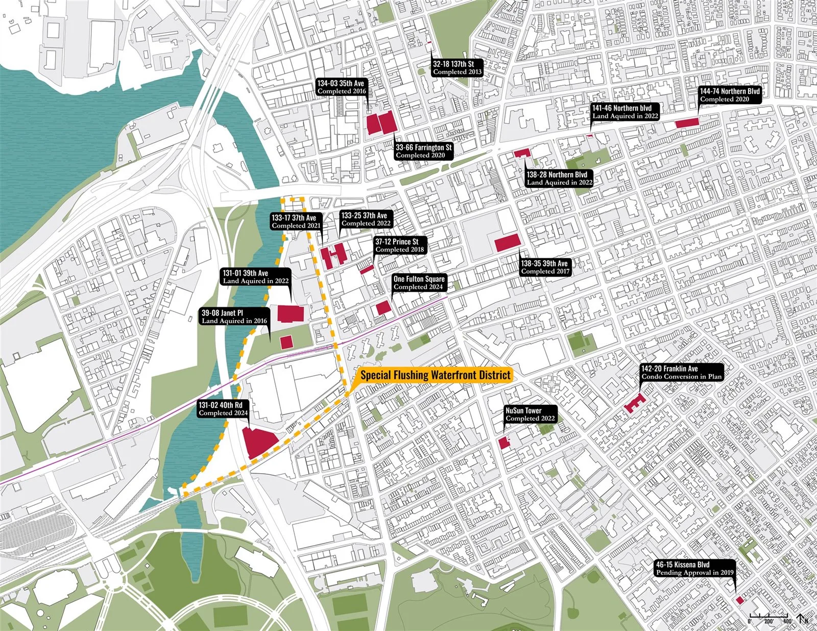 Map of recent development parcels and the Special Flushing Waterfront District