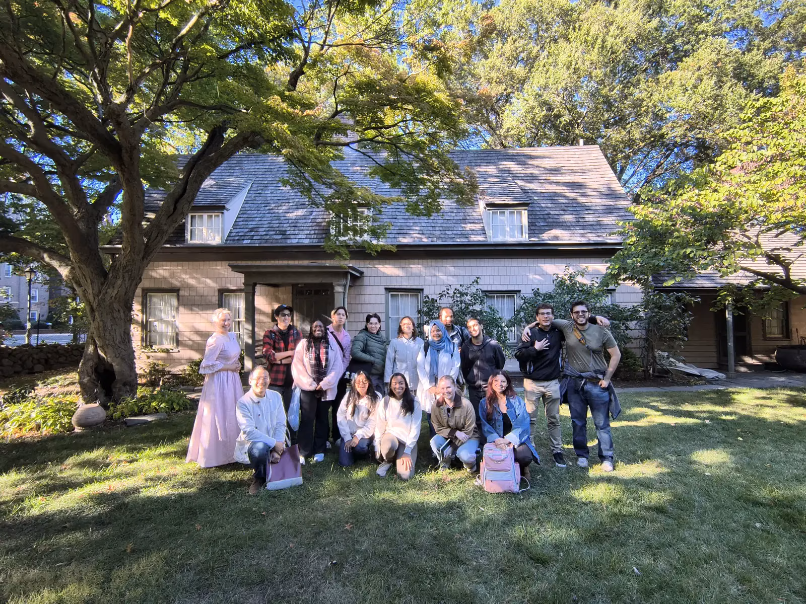 The class gathered on the lawn at the Bowne House