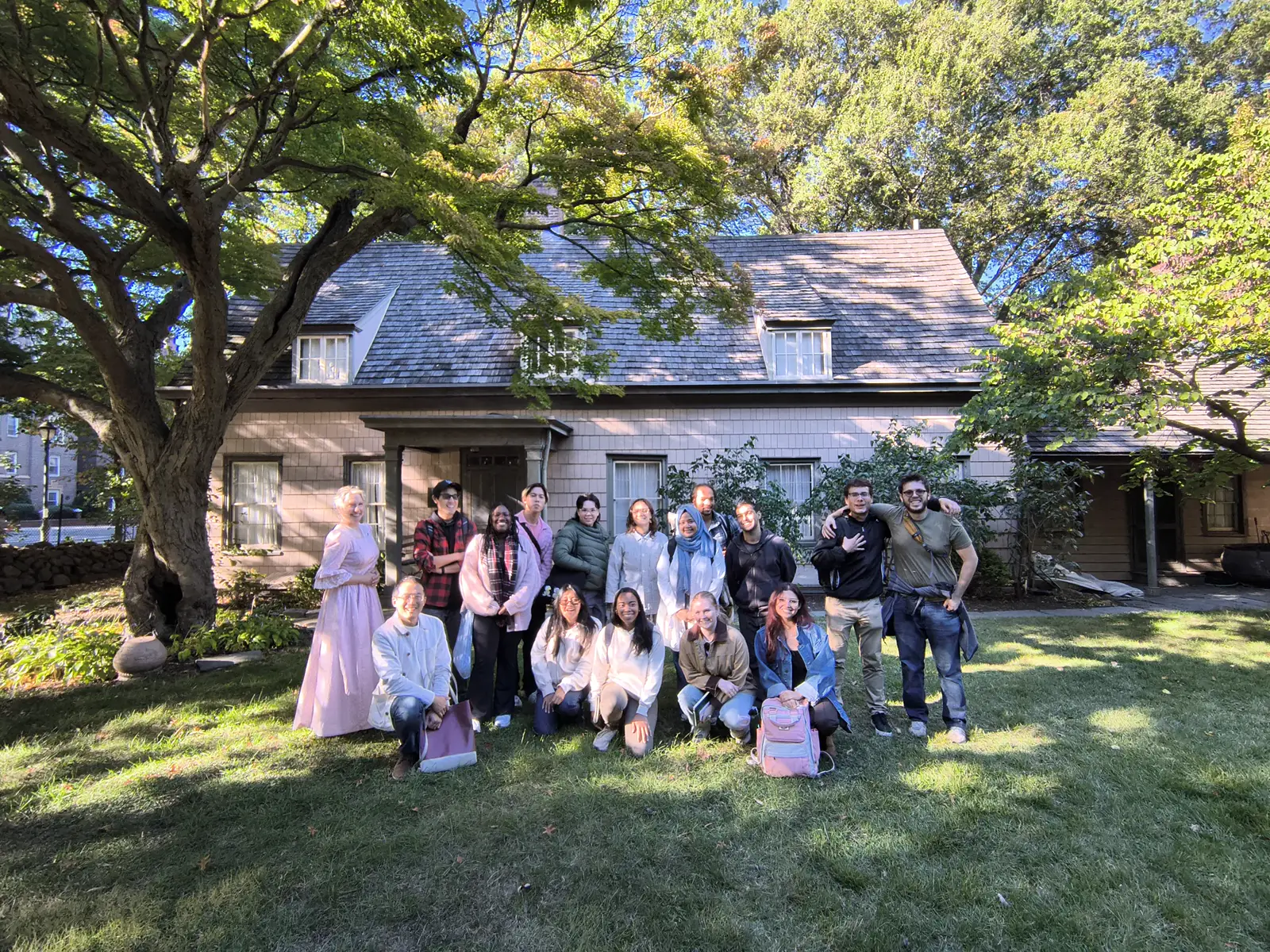 The class gathered on the lawn at the Bowne House