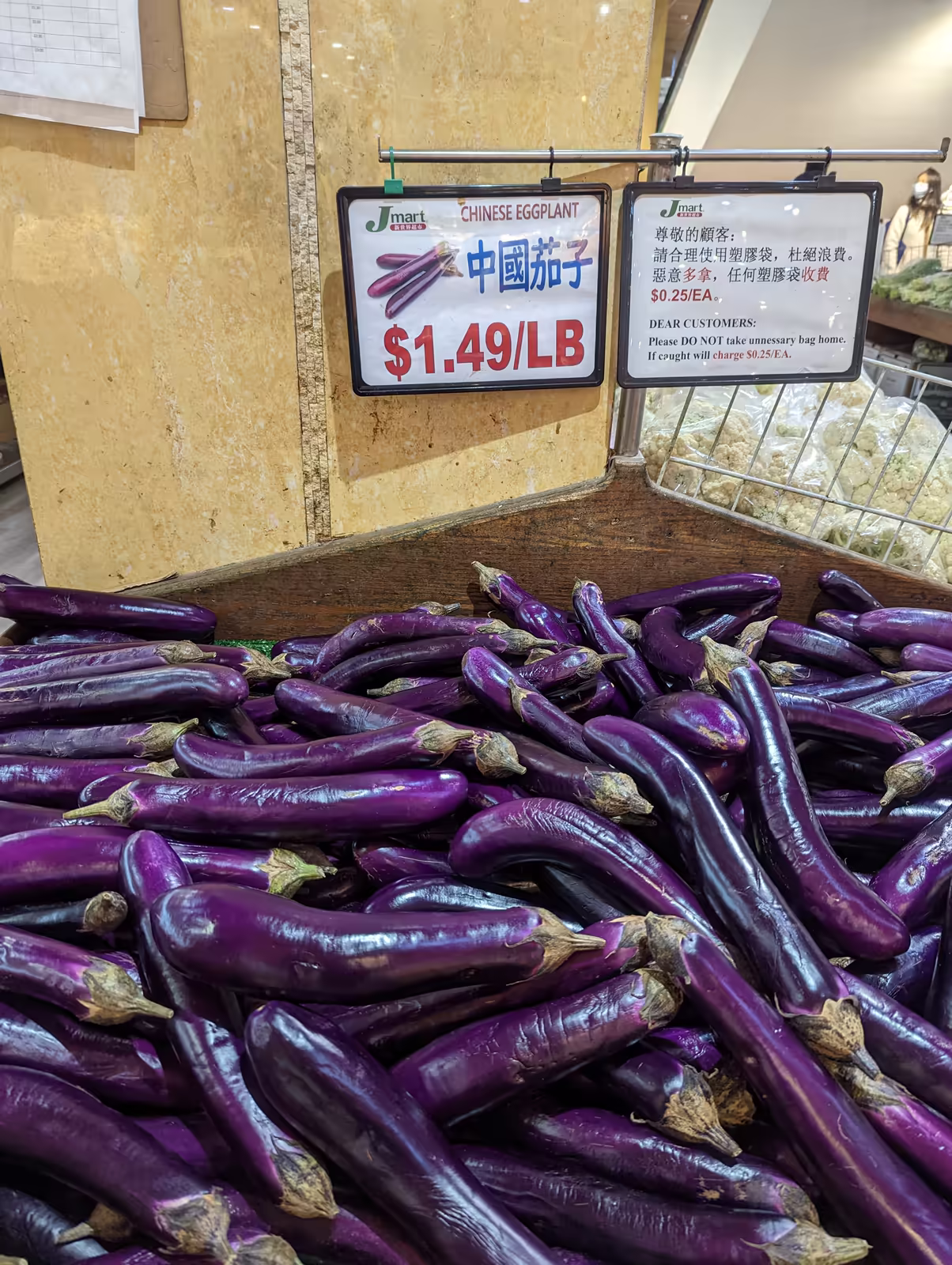 Printed supermarket sign over a bin of long purple eggplants reading “Chinese eggplant / 中國茄子, $1.49/LB”