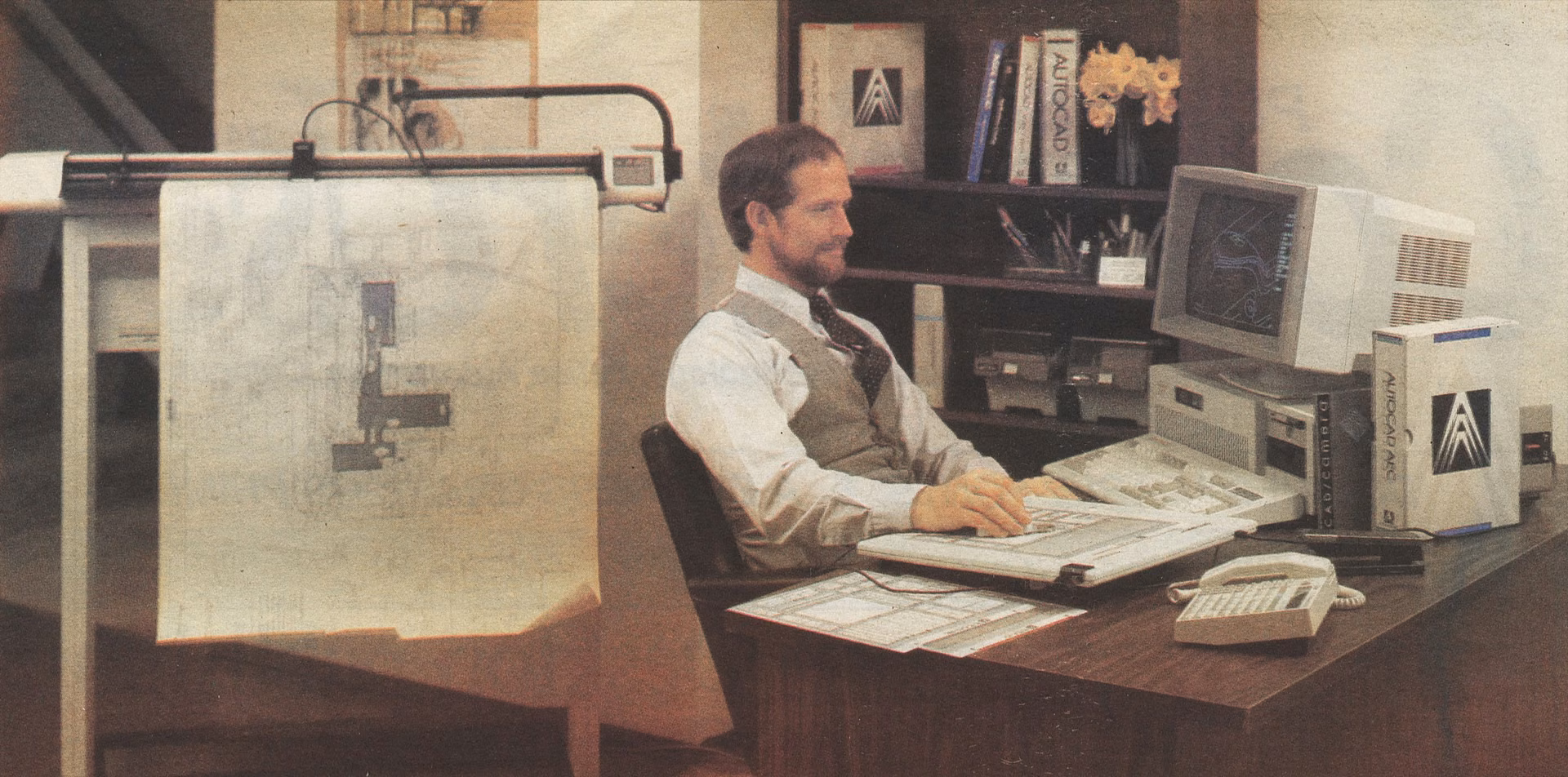 Man using AutoCAD on a PC, 1987