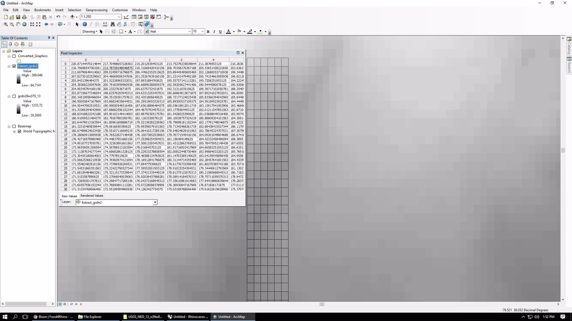 Raster terrain zoomed to reveal the grid of cell values