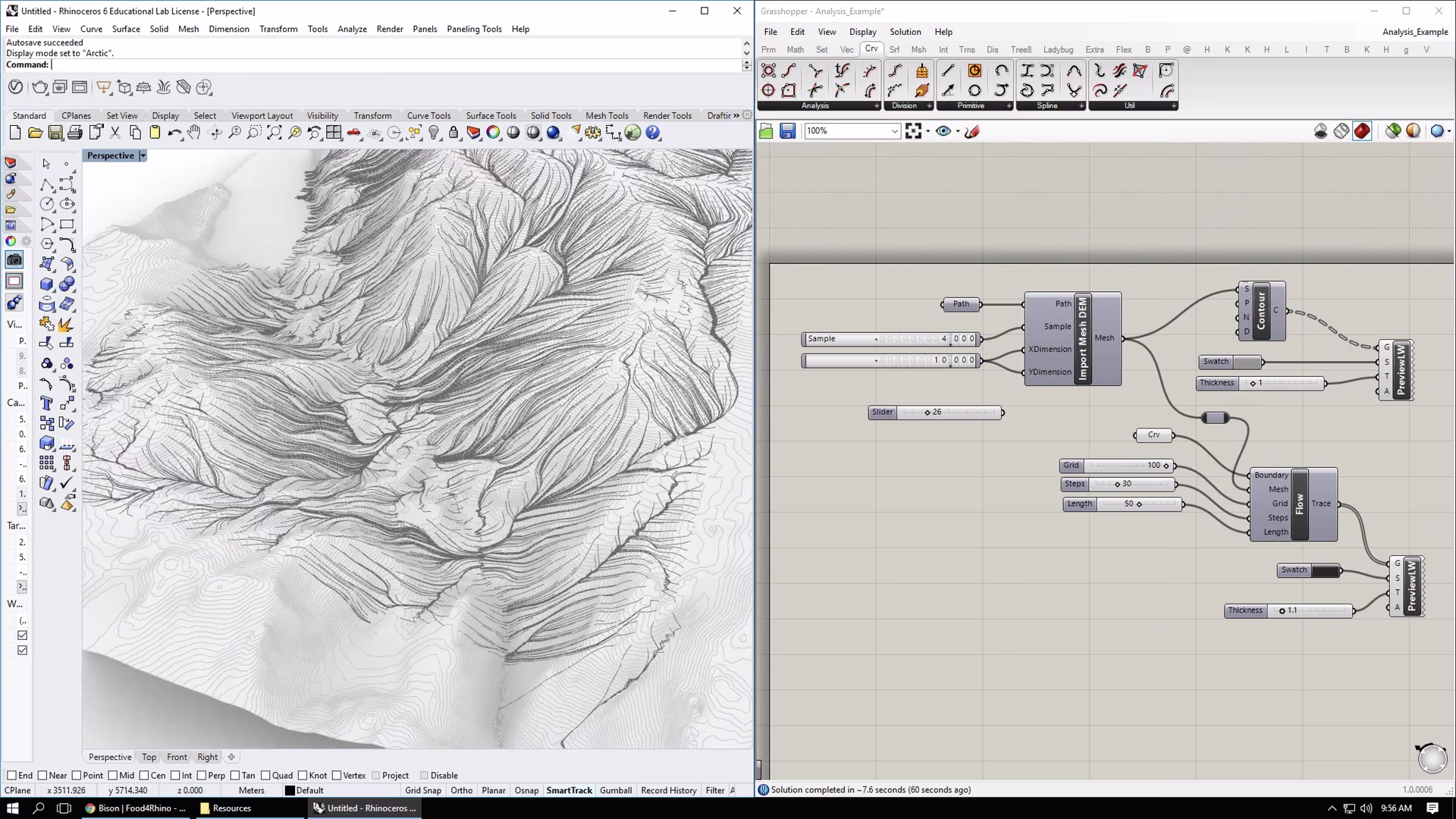 Terrain re-represented as mesh and contours in a Grasshopper definition