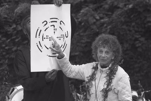 A person holding up a drawn circular movement score
