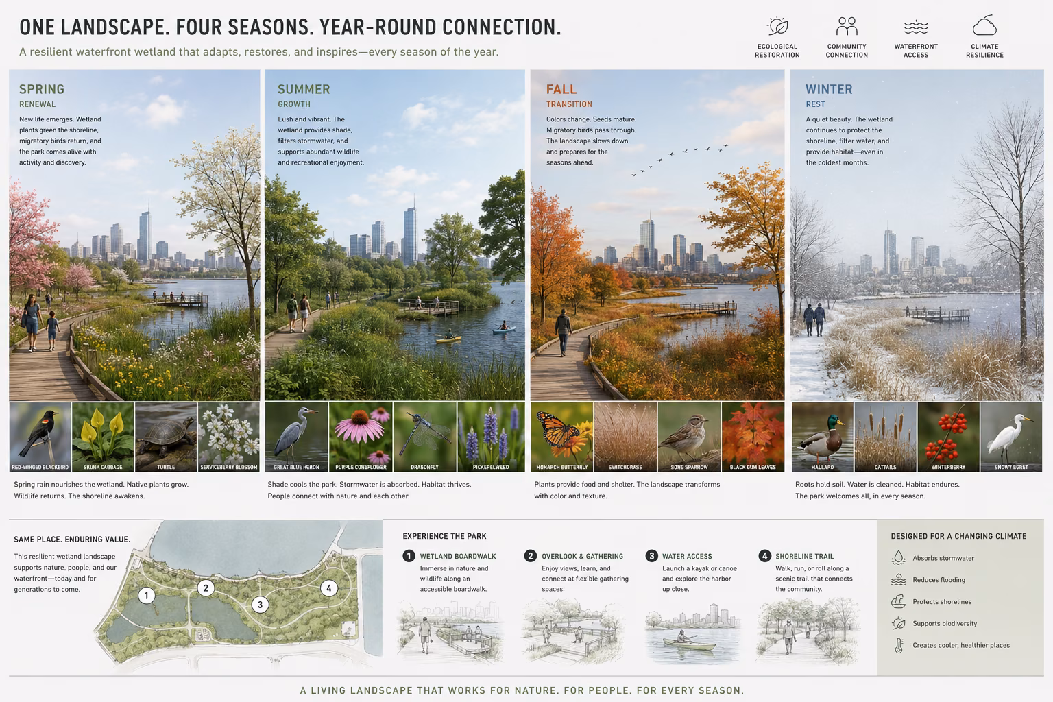 GPT-generated presentation board — ‘One Landscape. Four Seasons’ seasonal wetland
