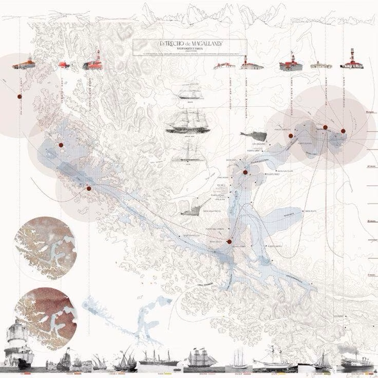 Historical composite map of a river delta with vignettes