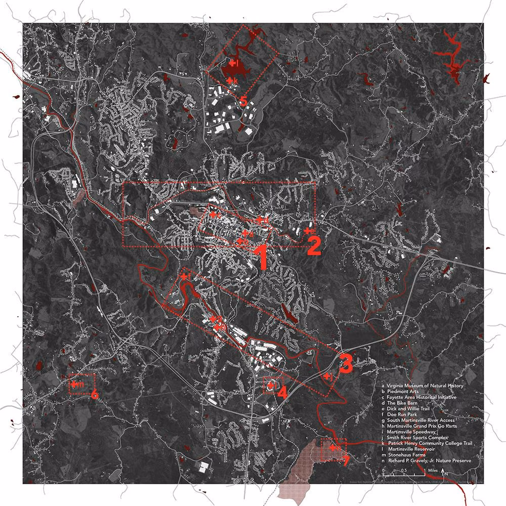 Aerial photograph annotated with routes and numbered sites